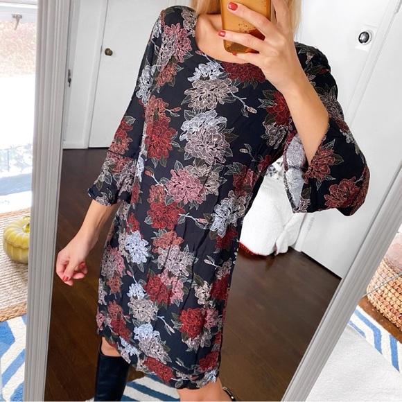 🍂 TARGET COLLECTION BOHO BLACK GREEN MULTI FLORAL CAPRI SLEEVE LOOSE FIT DRESS! - Picture 2 of 14